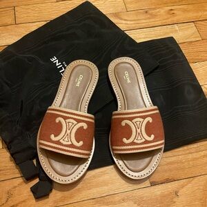 Celine Tan and Cream Slide Sandals